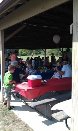 group having fun in the pavilion